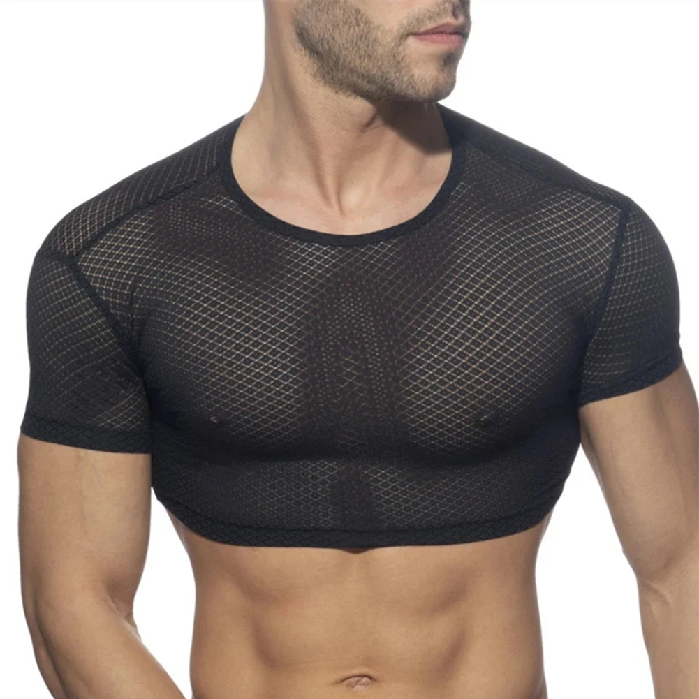 Mens Sexy Mesh Short Sleeveless Crop Top T-Shirt Crossdresser See-Through Tank Sissy Lingerie Clubwear Stage Costume Muscle Tops