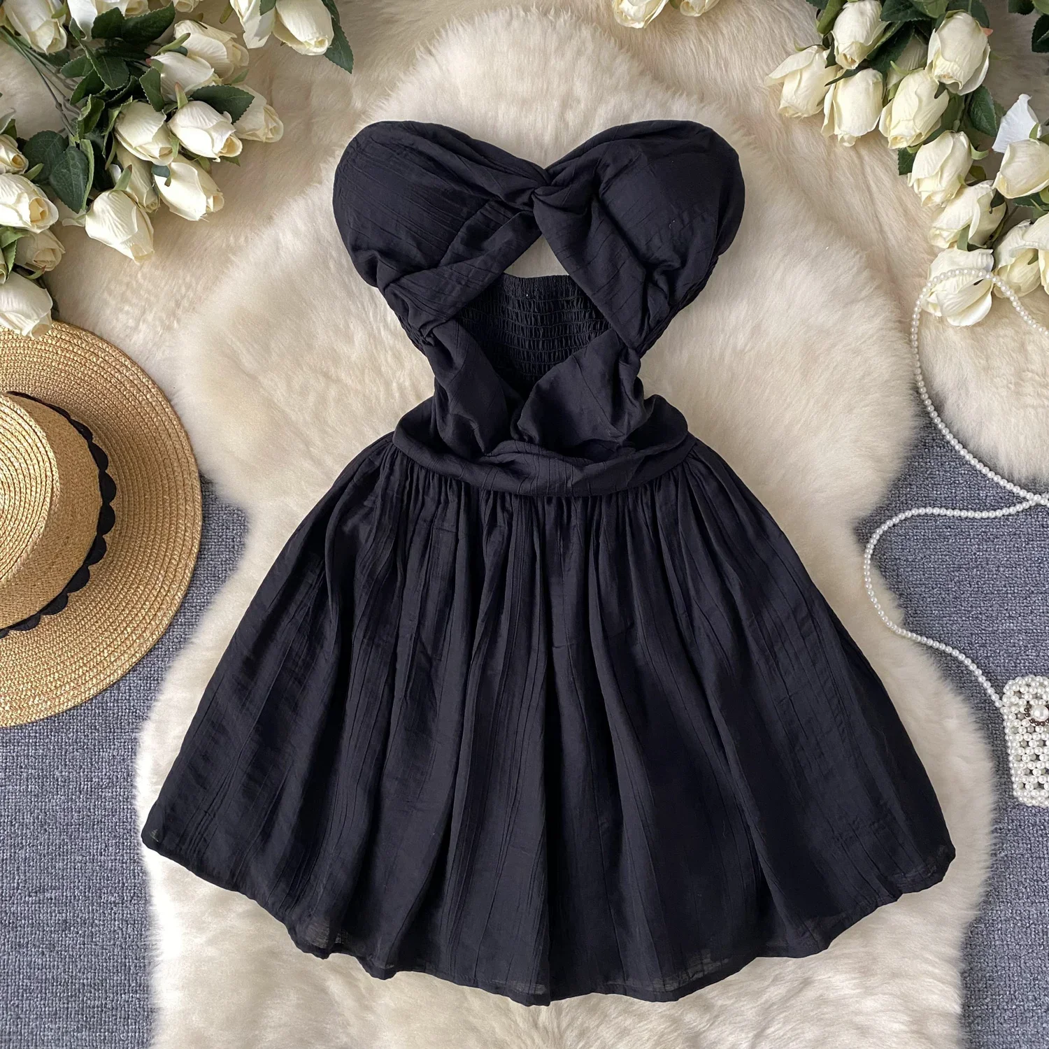 U19 Sweet Memory Sexy Cut Out Off Shoulder Pleated Dress Chic Vintage Evening Party Club Women Chic Summer Puff Dresses