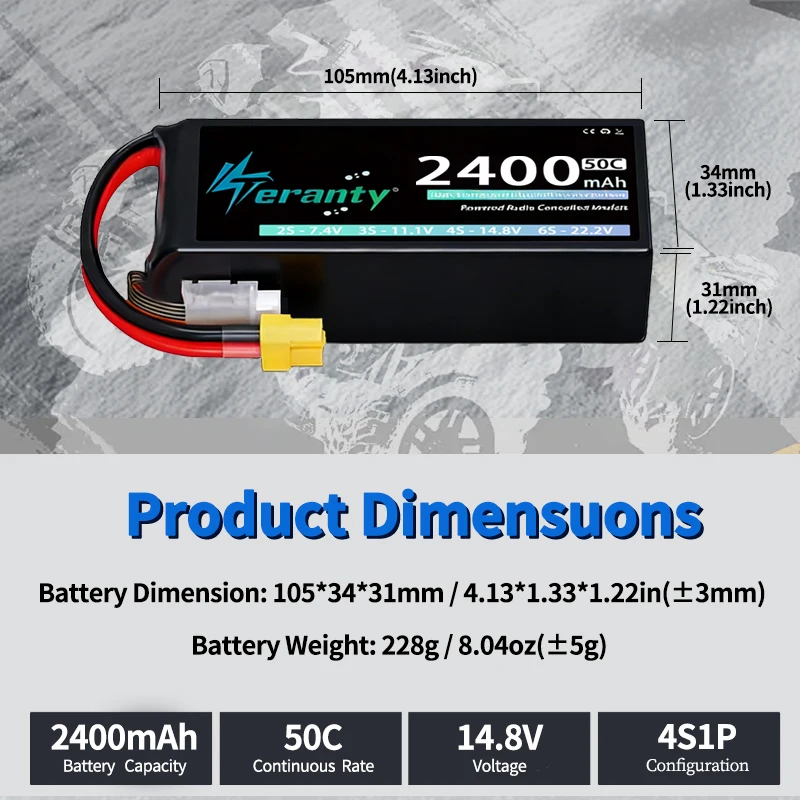 Teranty Batería Lipo 4S 14,8V 2400mAh 50C XT60 Drone Coche Barco - imagen 2