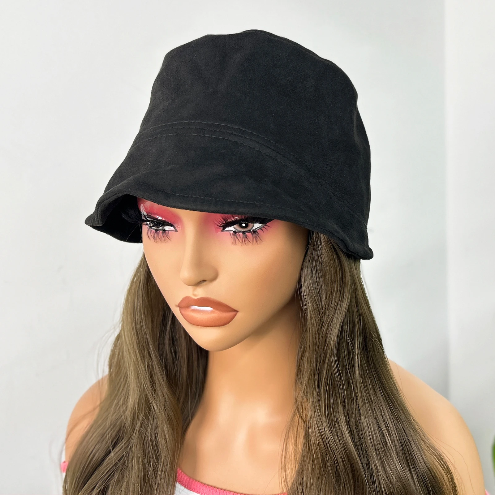 Water Wave Hat with Hair Extension Imitation Suede Bucket Hat Dark Brown Wigs for Women Synthetic Body Wave Hair Wigs