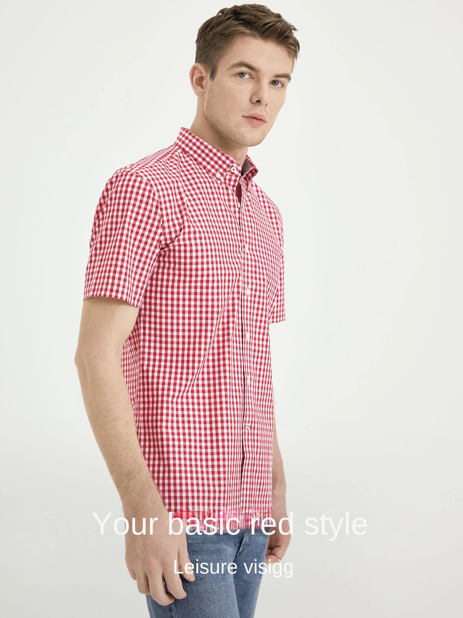 Camisa de verano a cuadros roja y azul para hombre, camisa informal de manga corta de negocios, camisa Formal ajustada de algodón 100% roja y azul para hombre