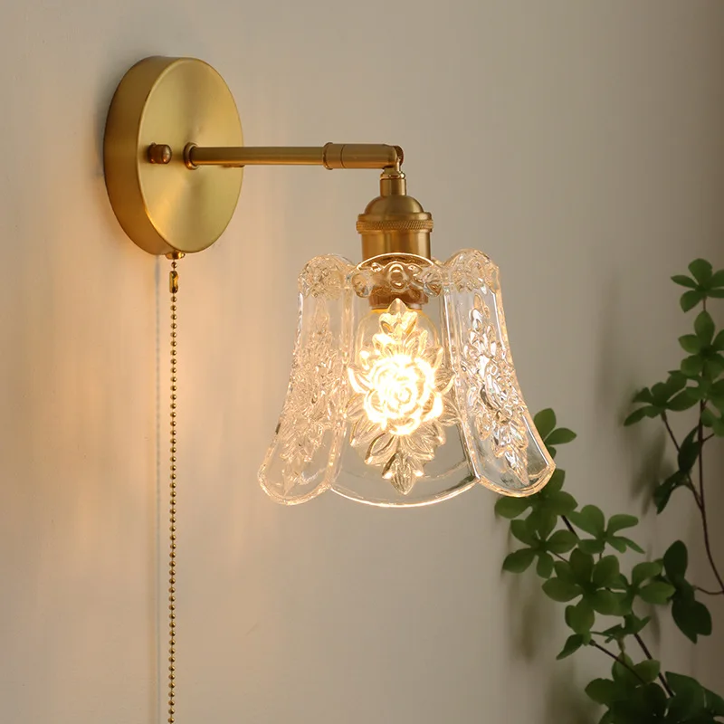 

Retro Wall Lamp: Copper Body＆Carved Glass Lampshade (with Warm LED Bulbs) Artistic Room Decoration, Warm and Cozy Vintage Lights
