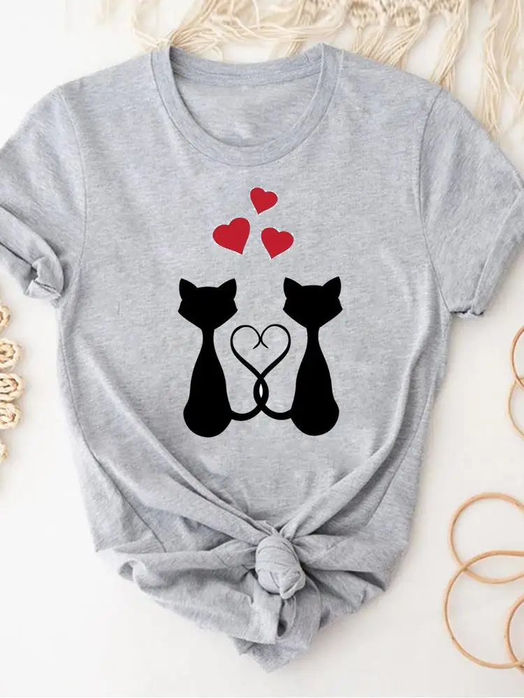 

Cat Animal Style Trend Print T Shirt Short Sleeve Summer Clothes Women Clothing Gray Basic Tee Top Fashion Graphic T-shirt