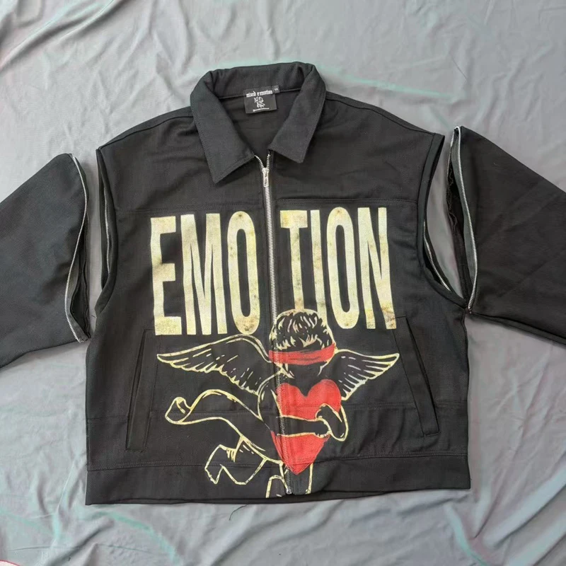 

Detachable Sleeve Splice Mixed Emotion Masker Angel Red Heart Print Zipper Lapel Jackets Men Women Winter Casual Sleeveless Vest