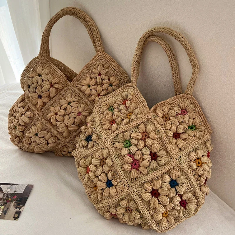Hochwertige Handgefertigte Raffia-Schultertasche Exquisite Gewebte Stroh-Tragetasche Offene Bunte Blumen-Diamantmuster Einkaufstasche – Detail 5