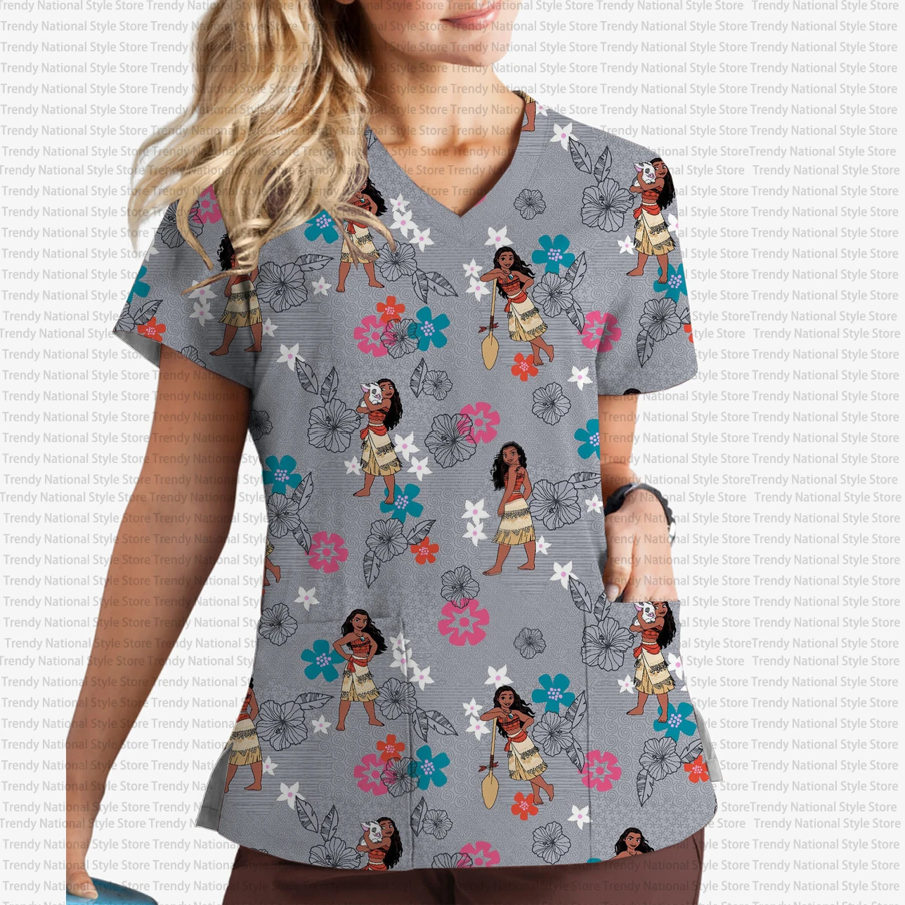 Été nouveau Disney Winnie l'ourson dessin animé col en v imprimé gommage haut femmes poche travail vêtements doux Salon de beauté dentaire T-shirt