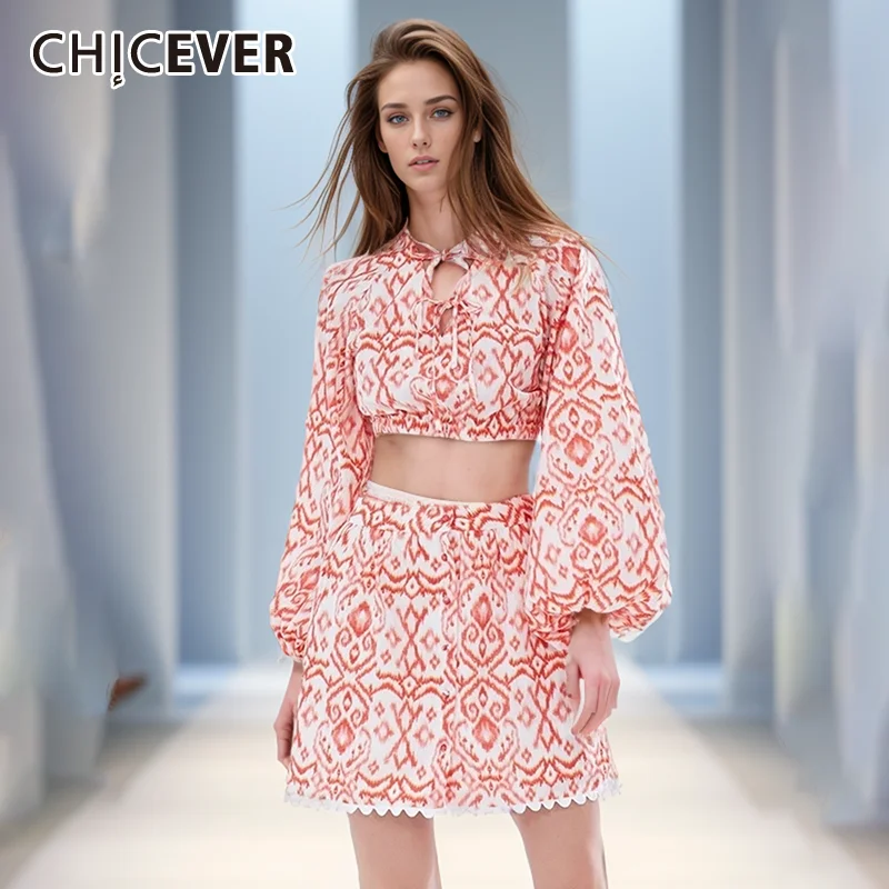 

CHICEVER Hit Color Printing Two Piece Sets For Women Round Neck Long Sleeve Top High Waist Bodycon Skirts Casual Set Female New