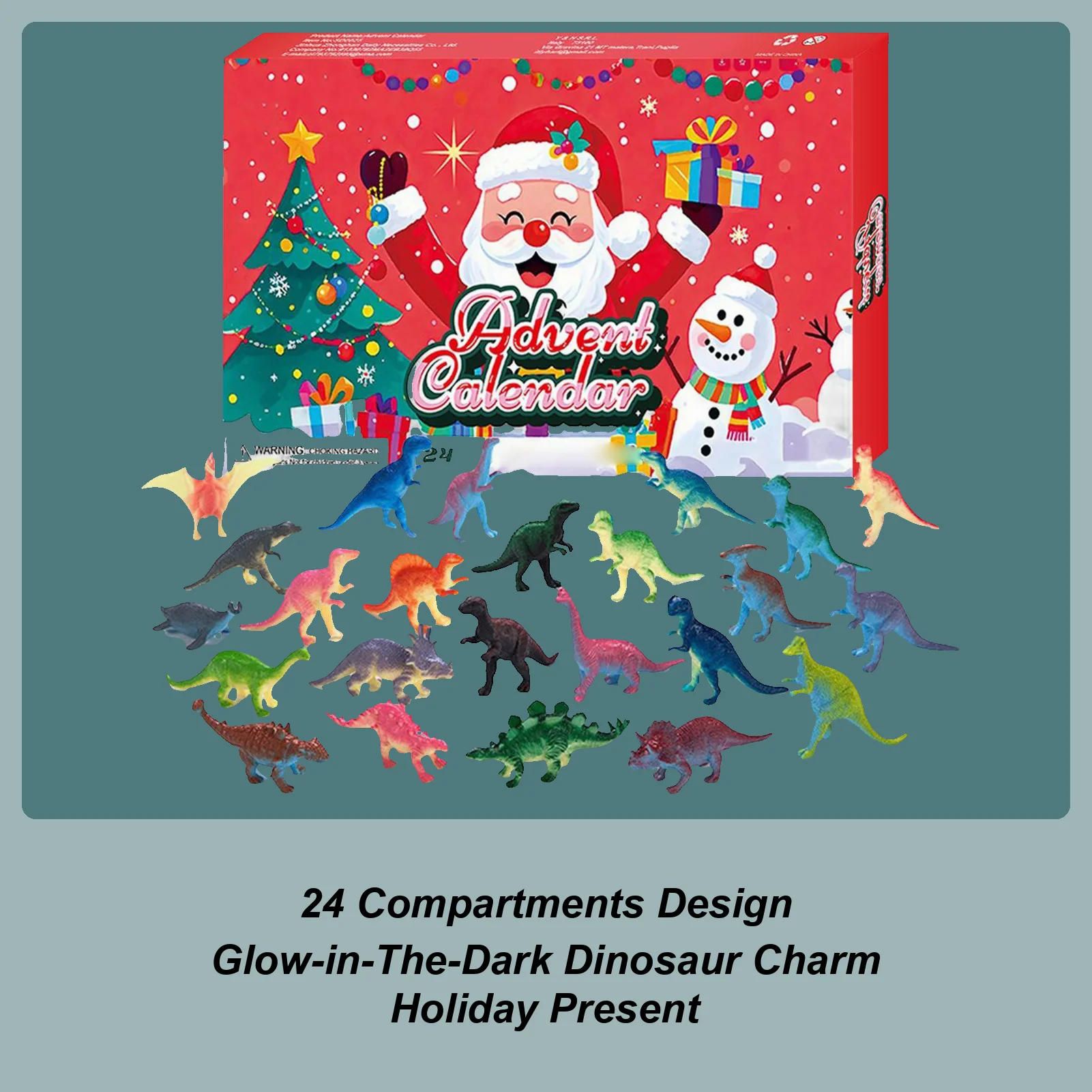 

Рождественский календарь обратного отсчета на 2025 год. 24-дневный светящийся в темноте календарь обратного отсчета с фигуркой динозавра для детей. Милая рождественская фигурка.