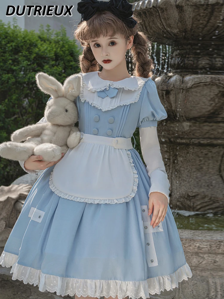 

Japanese Style Original Lolita Sweet Girl Op Dress Maid Apron Long Sleeve Doll Collar Princess Mid-length Dresses for Women