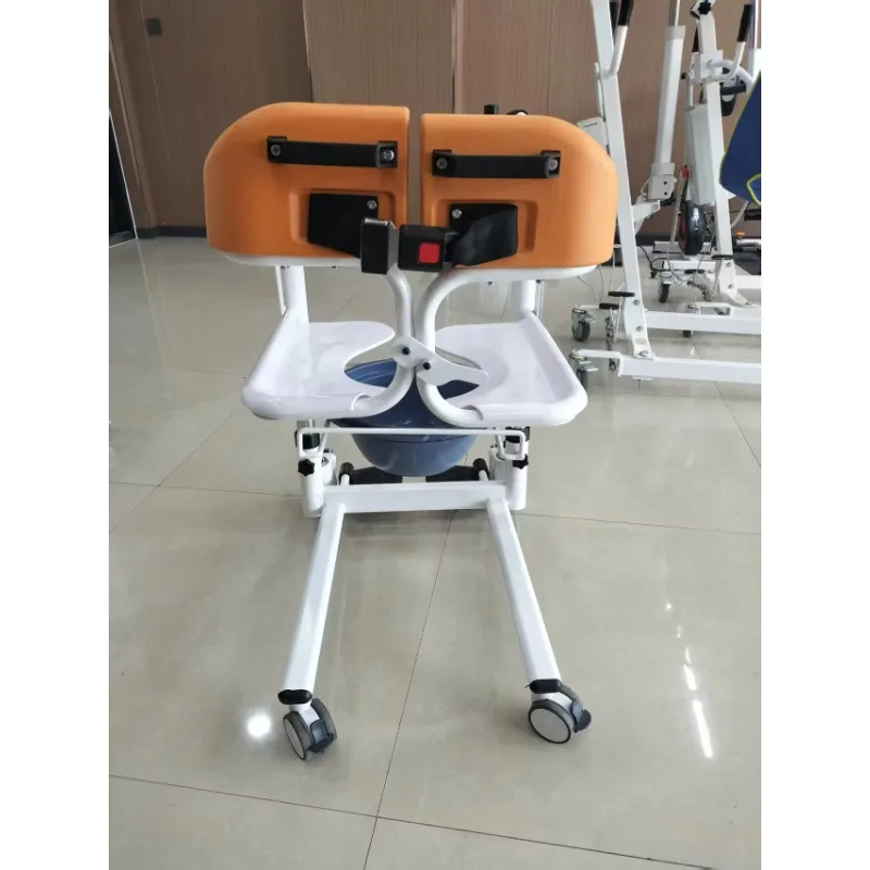 Manual Transfer Wheelchair, Steel Frame Waterproof Commode Chair, Heavy Duty Patient Transfer Lift for Bathroom, Toilet