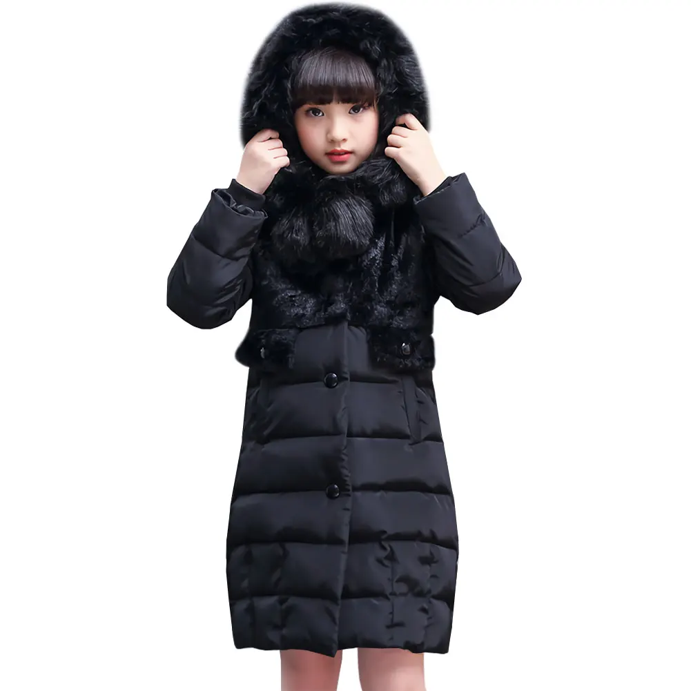 

Girls Down Cotton Coat Winter Thick Warm Jacket with Hair Balls Fur Hoodie Teenager Parka Single Breasting Windproof Snowsuit