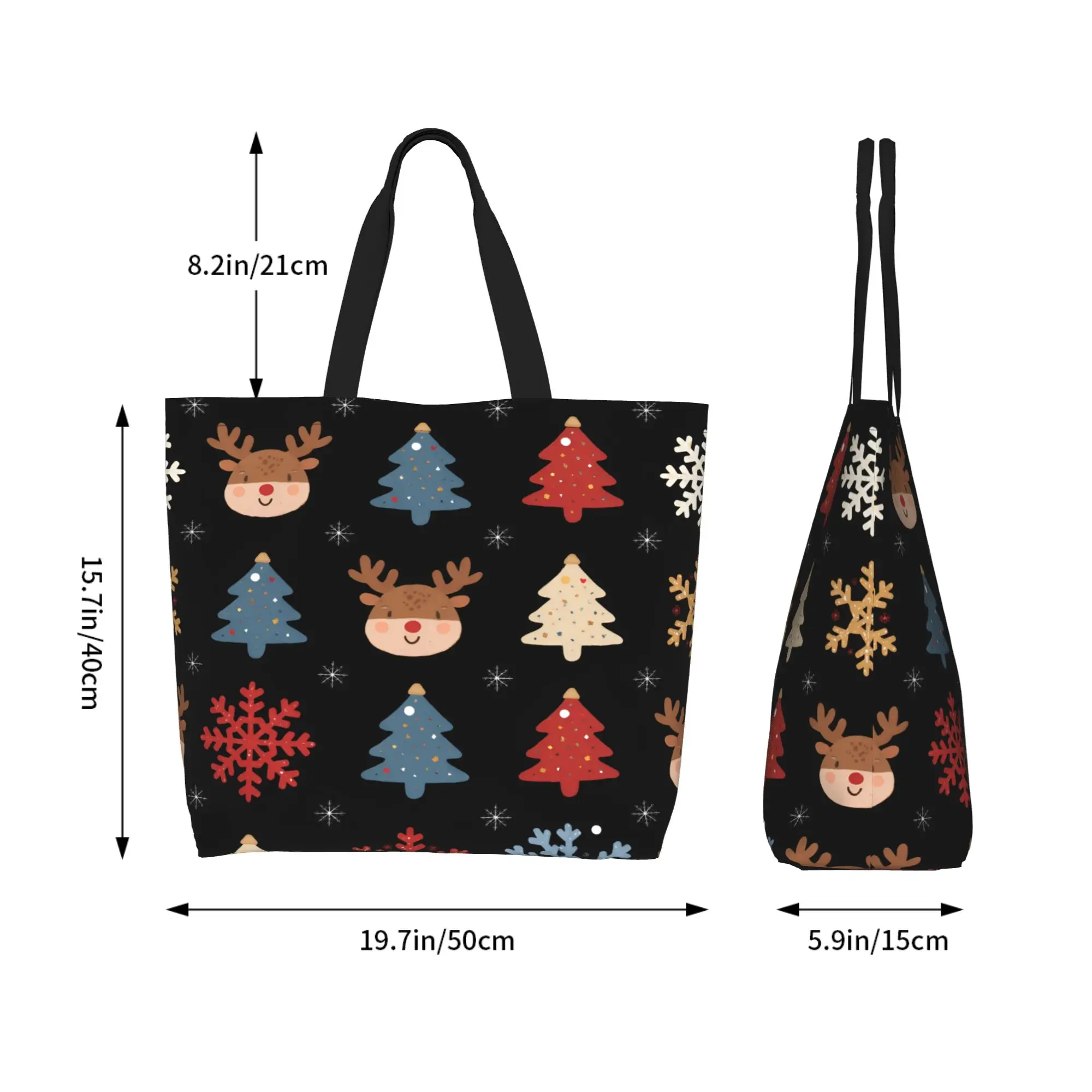 Christmas Print Large Tote Bag for Women, Holiday Shopping Bag with Reindeer Snowflake Design