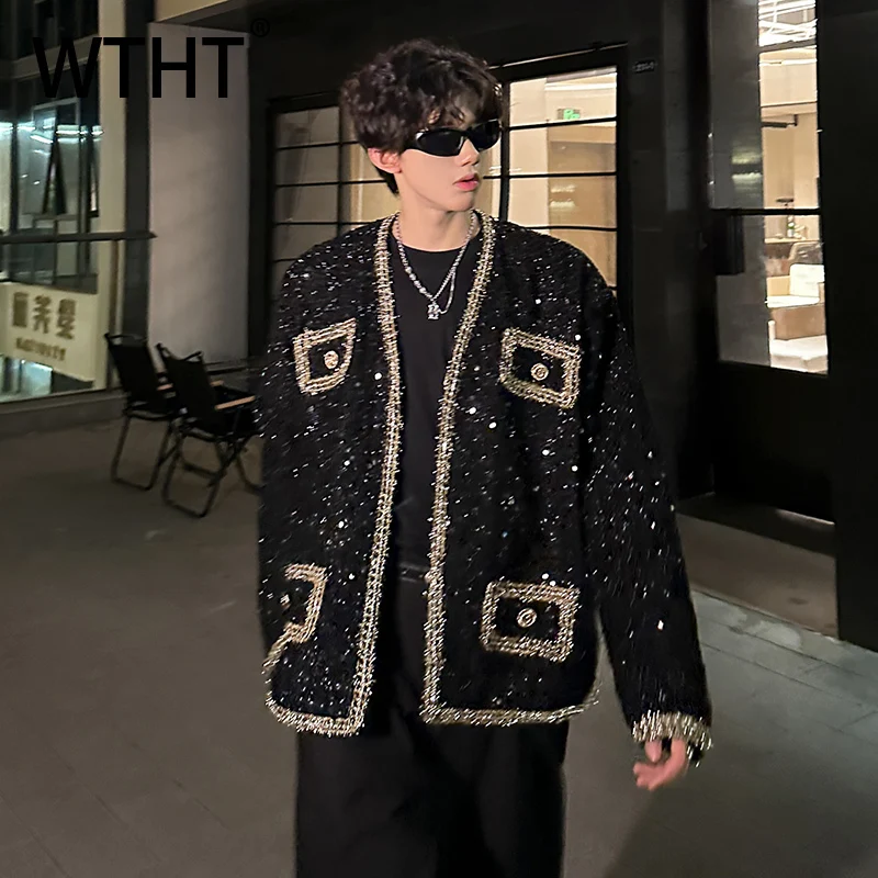 

WTHT Fashion Men’s Striped Sequins Shoulder Pads Coats Trendy Contrast Color Single Breasted Jackets Male 2025 Autumn 2A2198