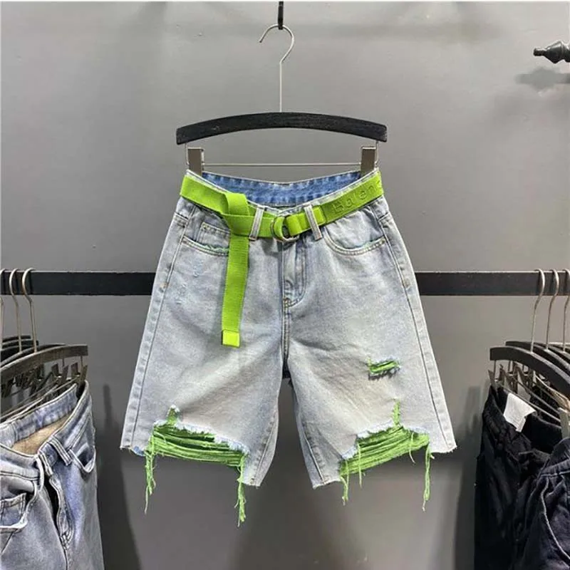 Women Summer New Multi-color Holed Denim Shorts High Waist Loose Straight Streetwear Shorts Fashion Niche Versatile Short Jeans