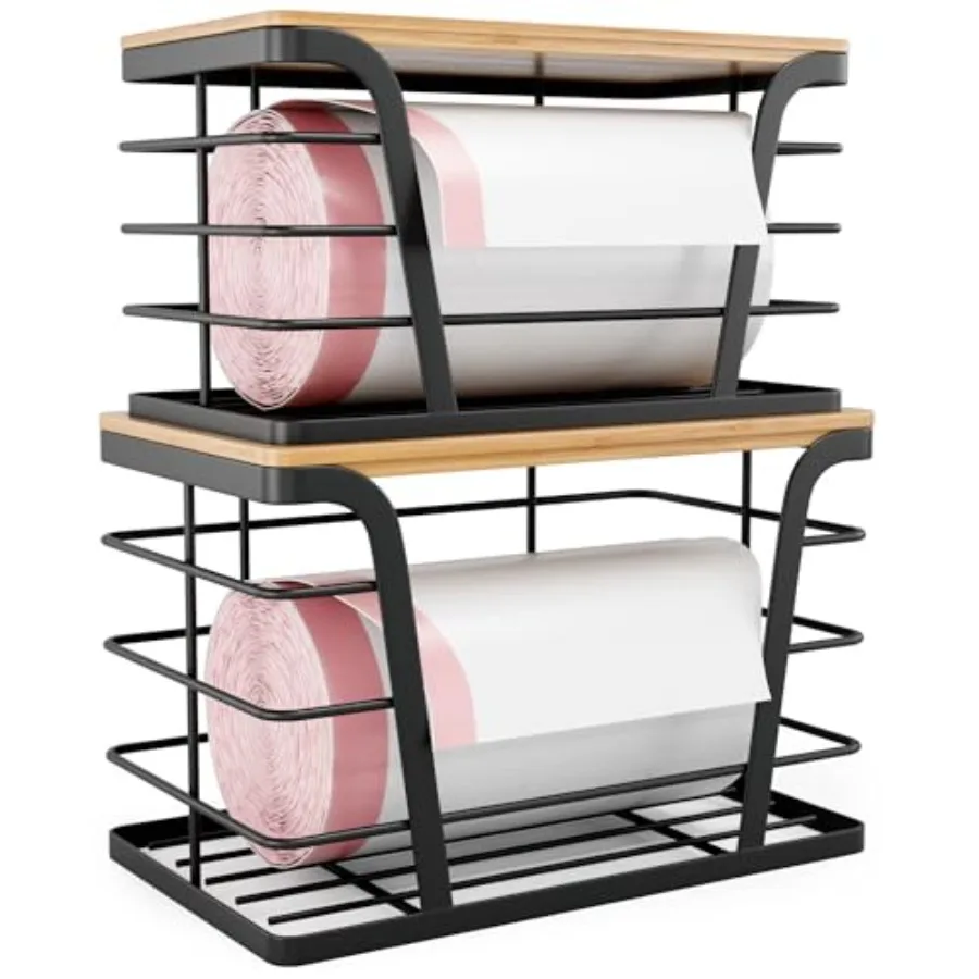 

Набор из 2 штук: Настенный органайзер для хранения на кухне и в прачечной, держатель для мусорных пакетов с бамбуковой крышкой и диспенсером для мусорных пакетов, без сверления