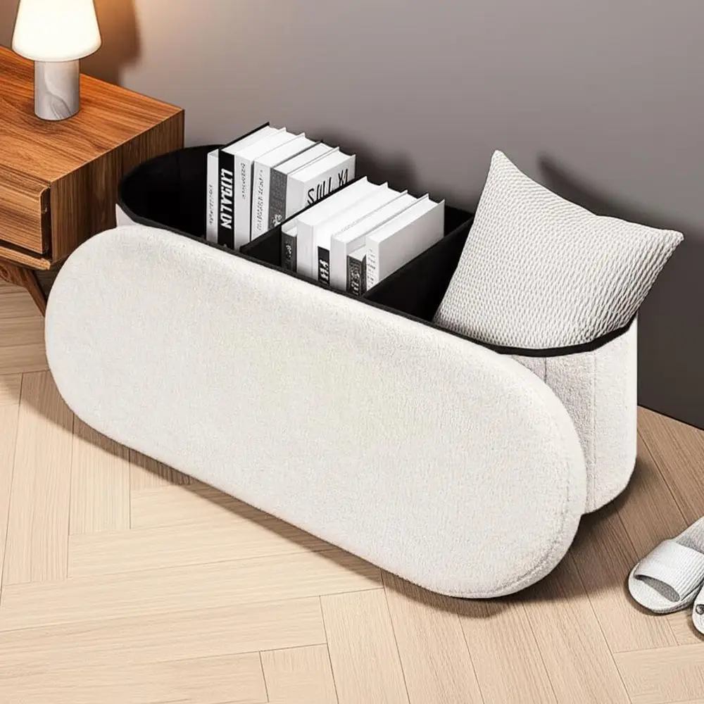 

43.3 Inches Collapsible Ottoman with Storage, Bench with Storage Ottoman or Living Room, Bedroom & Entryway-Cream White