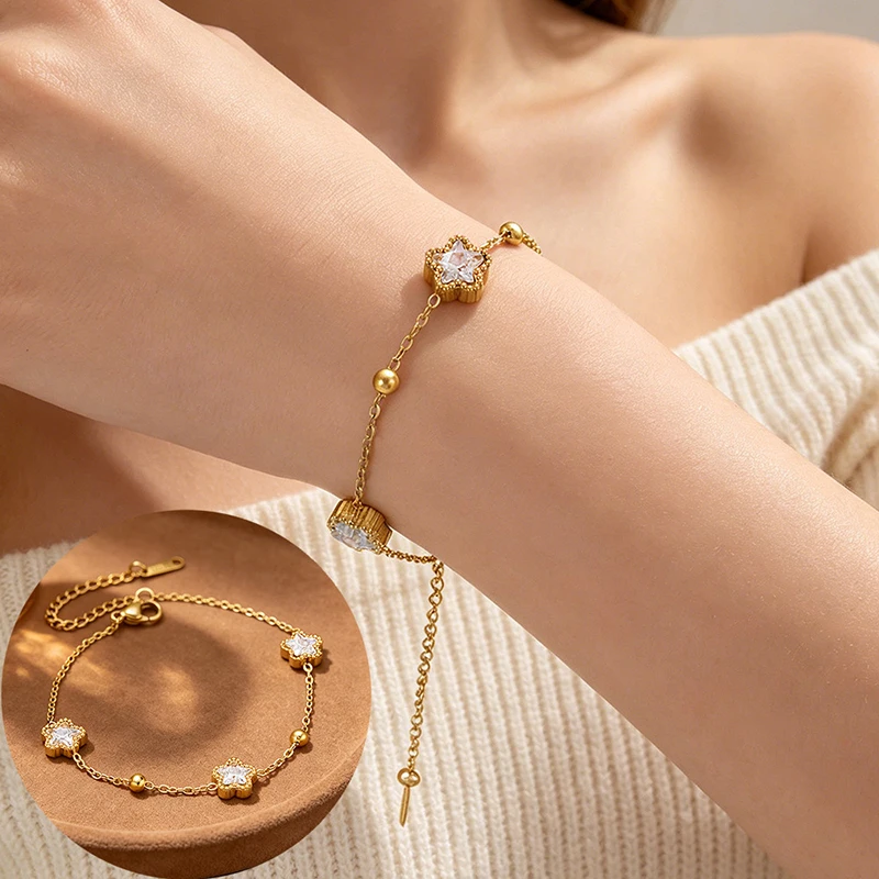 EILIECK Edelstahl Fünfzackiger Stern Zirkon Halskette Armbänder Ohrringe Set für Damen 18K Vergoldet Wasserdichter Schmuck – Detail 13