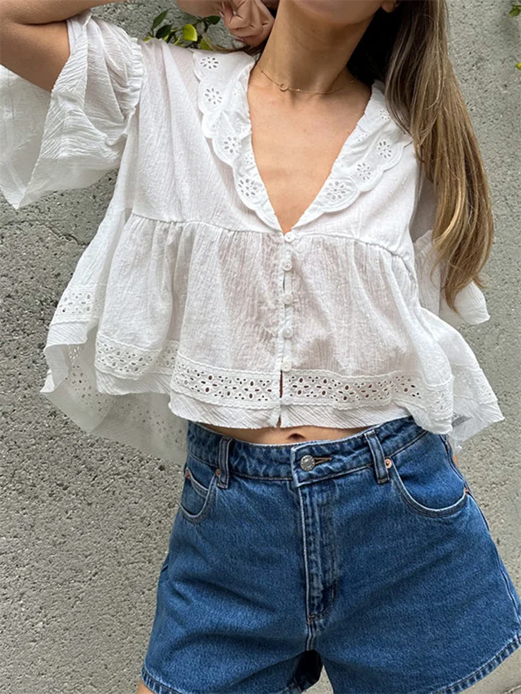 

CHRONSTYLE женские летние блузки повседневные свободные открытые рубашки с цветочной вышивкой и лацканами с v-образным вырезом и короткими рукавами с оборками, топы 2025