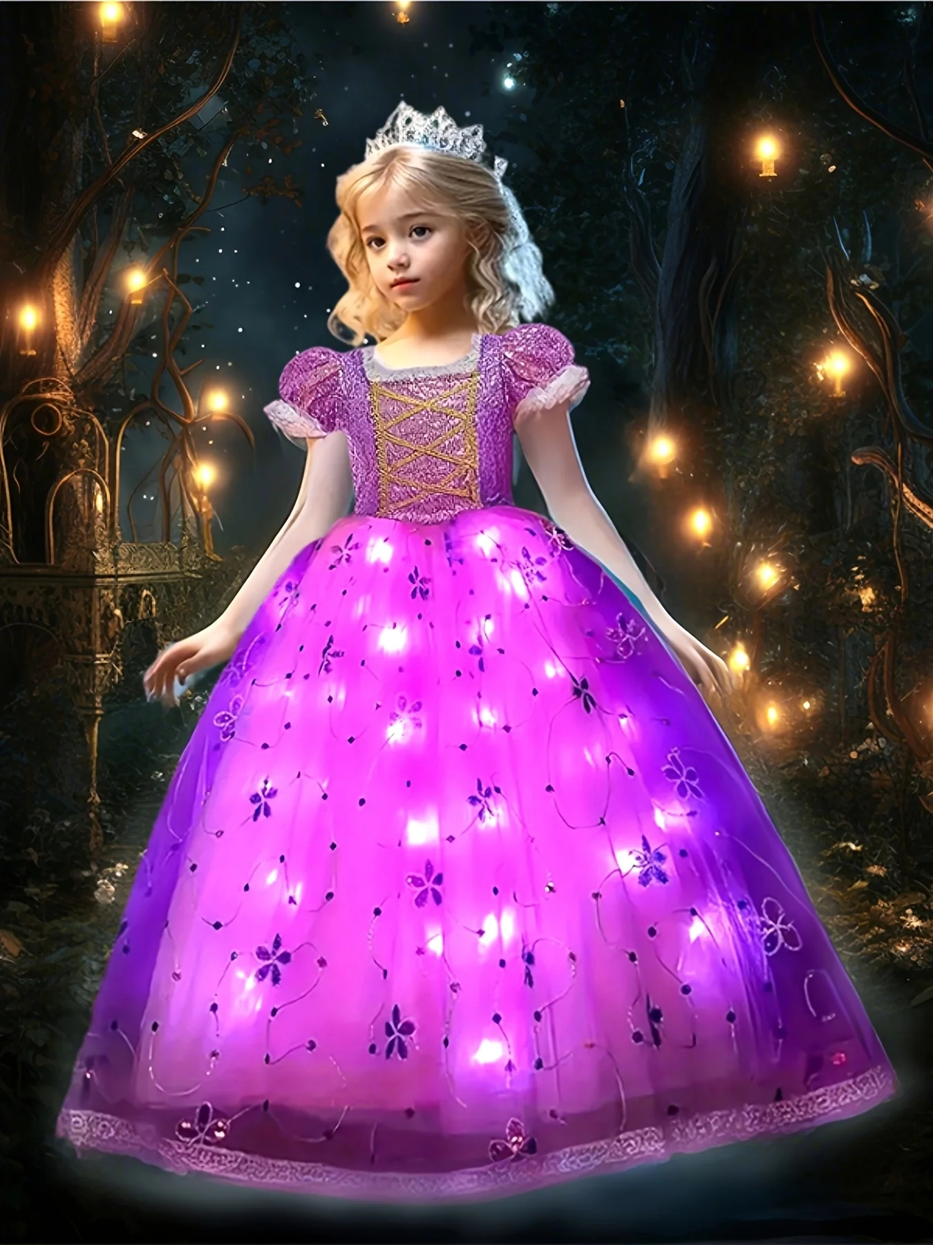 Girls Princess Costume Kid Carnival Dress Cosplay Floral LED Light Up Clothing Halloween Girls Christmas Party