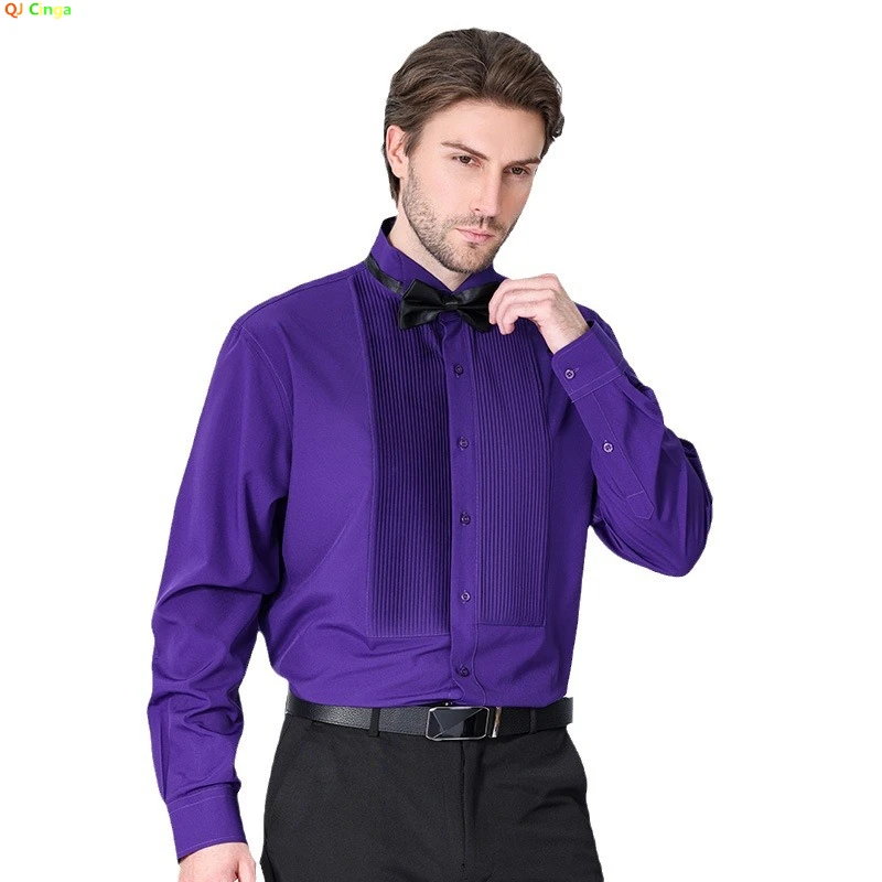 Camisa de vestir francesa para hombre, esmoquin de Color sólido, blanco, azul, negro, rojo, morado y amarillo, decoración plisada a la moda, novedad