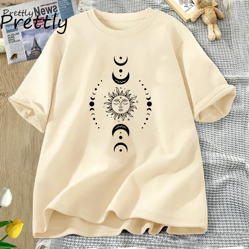 Sun and Moon Pritned T Shirt Celestial Boho Mystical T-shirt Magic Moon Short Sleeve Tshirt Women Harajuku Tee Streetwear