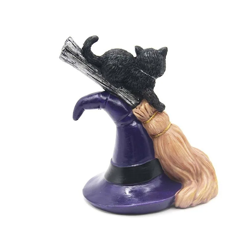 Black Cat Broom Statue, Resin Crafts Table Art Gift Home Decoration Statue Halloween Desktop