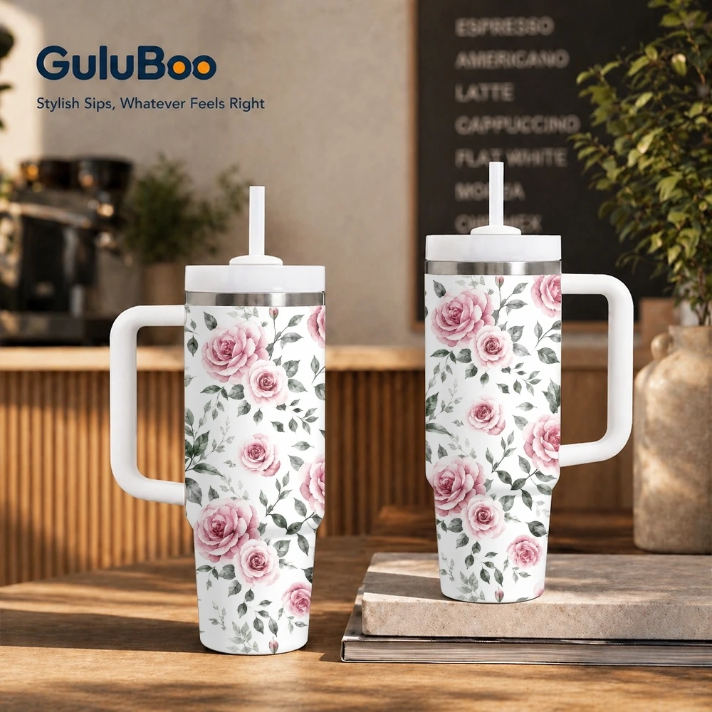 Vintage Rose Watercolor Graphics Vacuum Flasks 40oz Stainless Steel Insulated Tumbler With Handle & Straw Leakproof Travel Mug