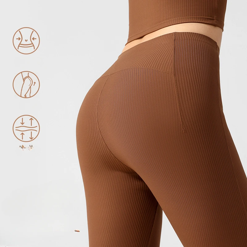 Ribbed High Elasticity Yoga Pants Seamless Shaping Sports Tights A Nude Feel Abdominal Support Buttock-Lifting Yoga Leggings