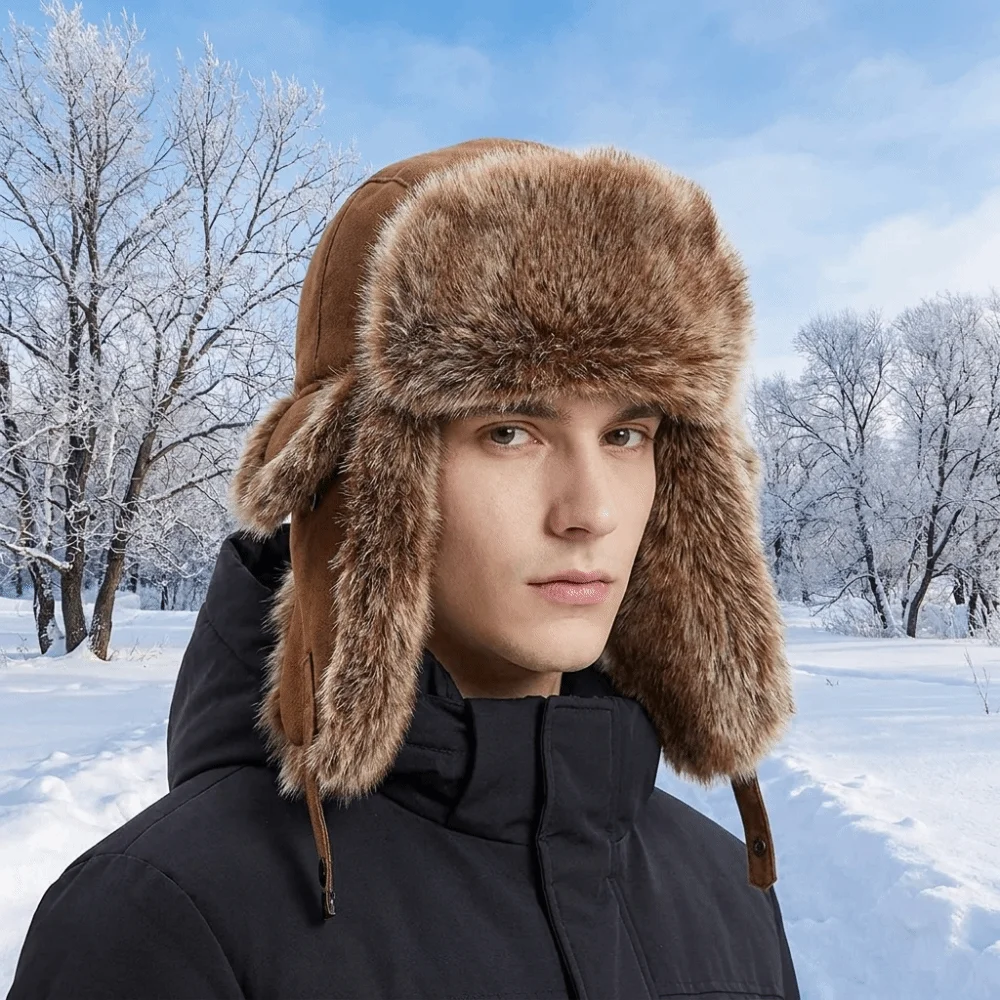 Fashion Suede Fabric Men Lei Feng Hat Thick Imitation Fur Ear Protection Hat with Ear Flaps Plush Windproof Ski Hat Cold Weather