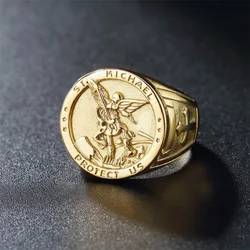 Vintage Catholic Angel Michael Ring For Men Women Punk Stainless Steel Knight Saint Michael Protect Rings Amulet Jewelry Gifts