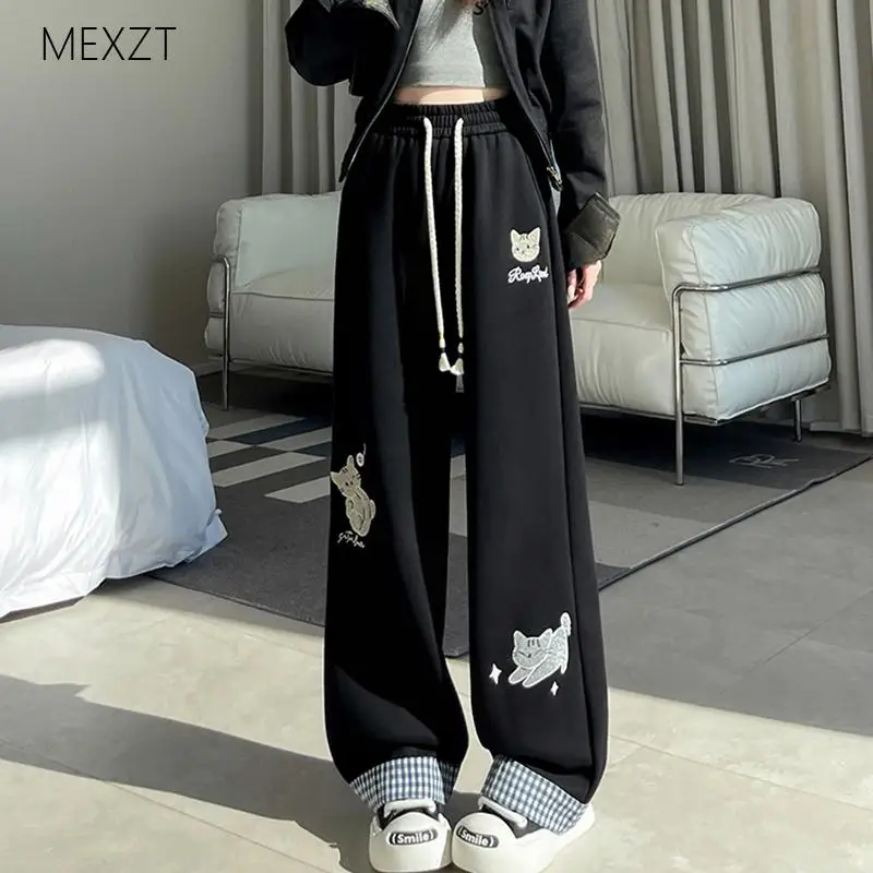 Cartoon Embroidery Wide Leg Pants Women Lazy Wind Cute Cat Plaid Patchwork Straight Trouser Fall Winter Casual Thick Sweatpants