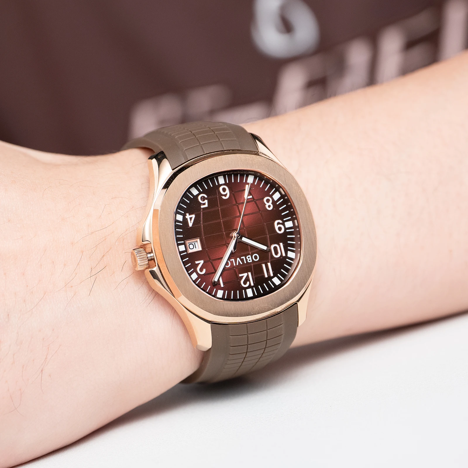 OBLVLO Fashion Mechanical Automatic Watch Brown Dial with Date Luminous Brown Rubber Band Casual Designer FM-SL