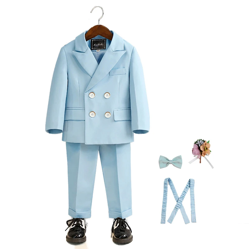 

Boy Slim Fit Blue Navy Suit Set Kids Solid Color Blazer Pants Strap Outfit child Wedding Party Host Chorus Performance Csotume