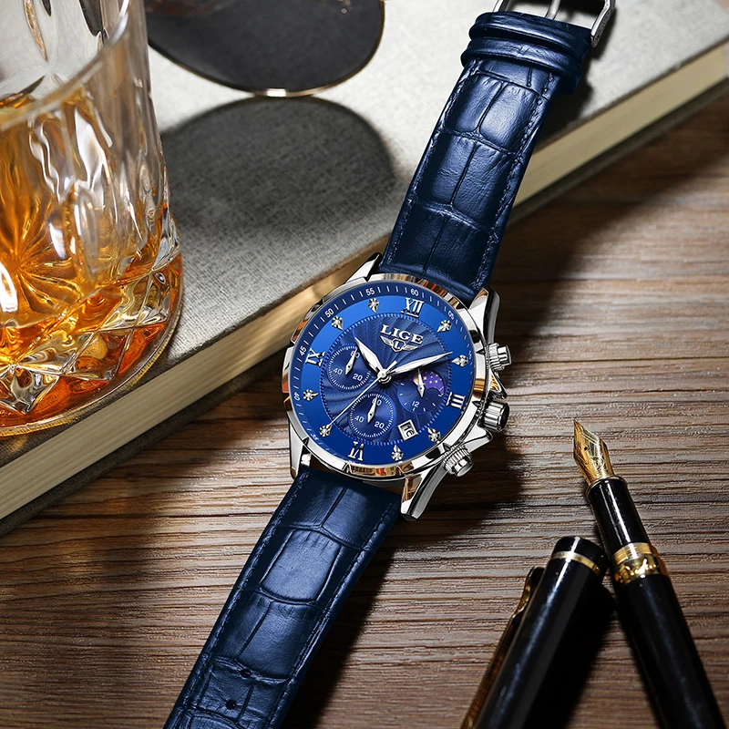 LIGE Fashion Luxury Quartz Man Watch Outdoor Casual Sports Leather Strap Watches for Men Waterproof Auto Date Wristwatch+Box New
