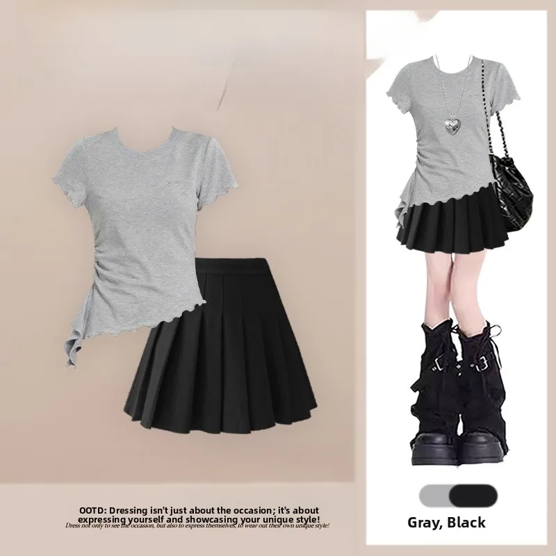 

Summer Design Short Sleeve Slim Fit Shirt with Pleated Skirt Two Piece Set Women's Fashion Casual Wear Shirt Style TB1398