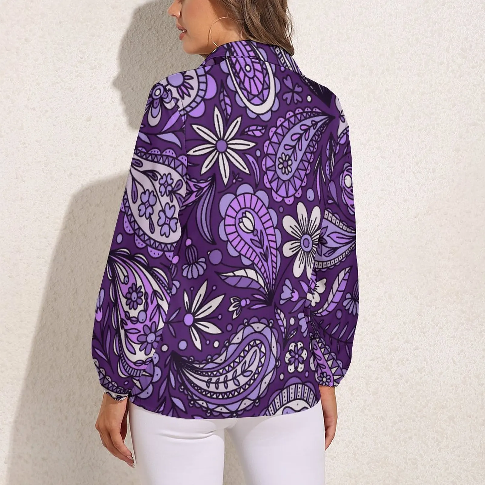 Boho Paisley Blouse White And Purple Vintage Graphic Blouses Womens Long-Sleeve Casual Shirt Spring Oversized Clothes