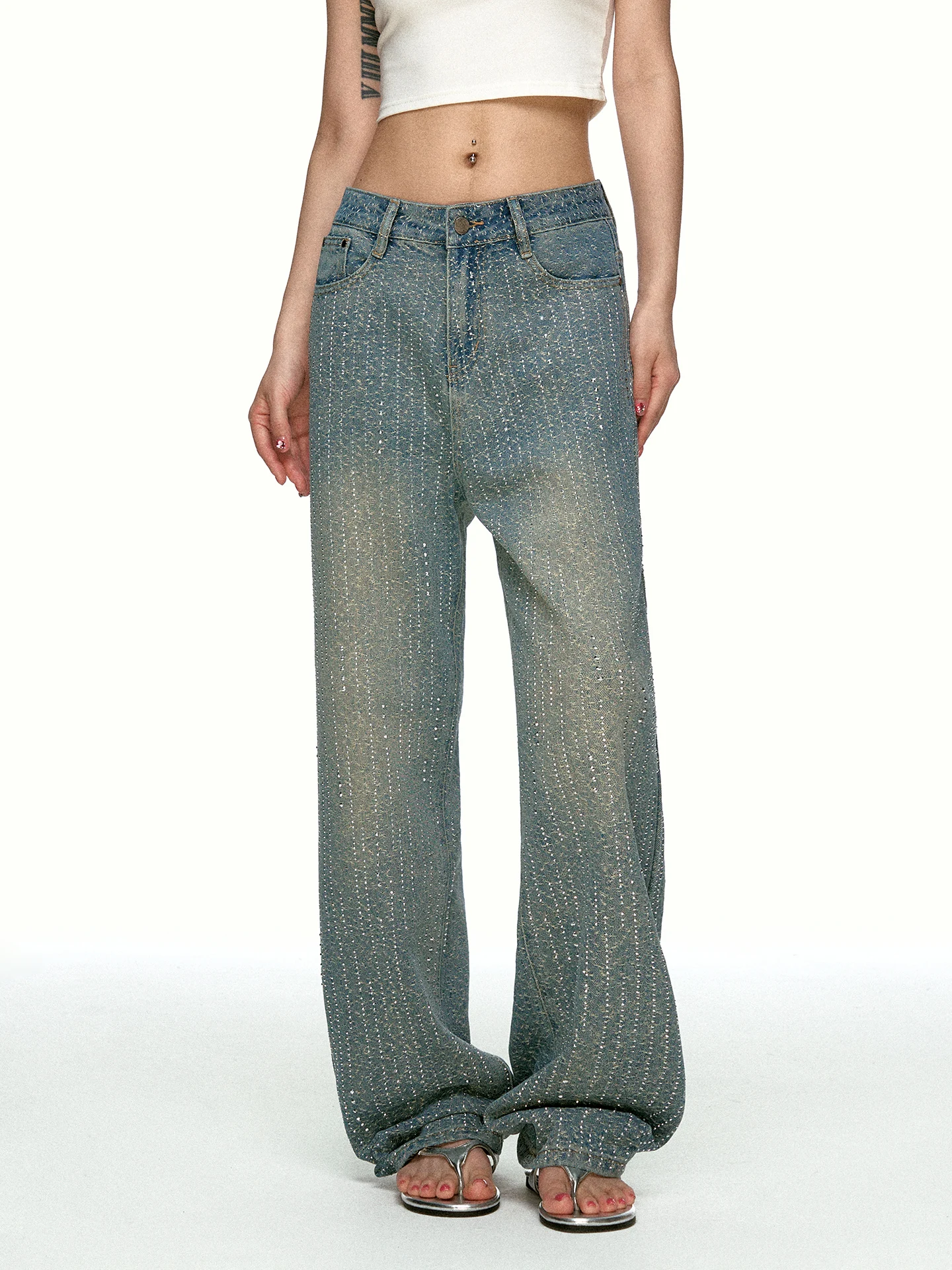 Aaisup American Washed Straight Leg Denim Jeans Women's Early Autumn Design Sensation Small Audience Draping Wide Leg Pants