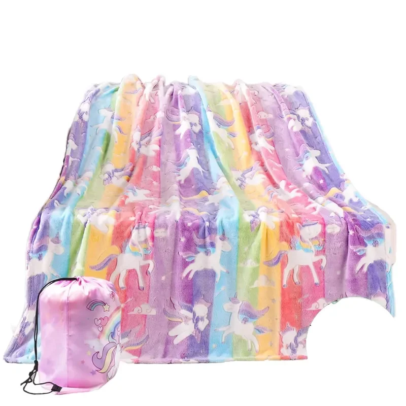 for Custom New Design Rainbow Striped Luminous Unicorn Flannel Throw Blanket 100 Percent Polyester Glow in Dark Childrens