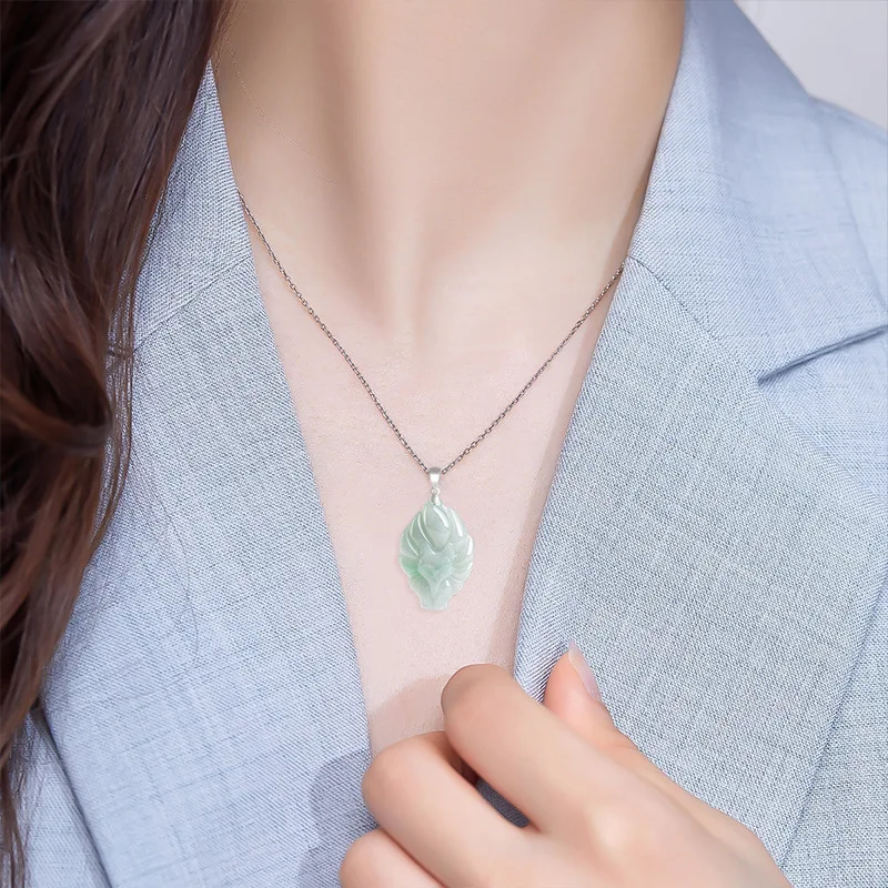 Jia Le/ 925 Silver Inlaid Natural Jade Light Green Nine-tailed Fox Necklace Pendant Jewelry Accessories Fashion Men Women Gift