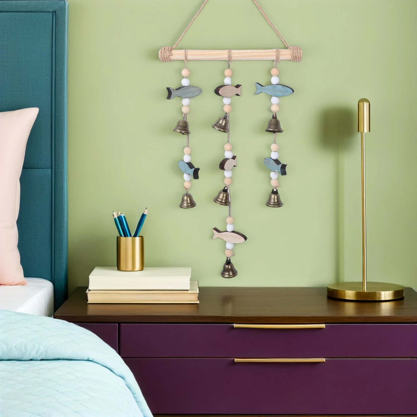 

Mediterranean Style Wood Carved Fish Hanging Ornament Nautical Wall Art Outdoor Indoor Bells Lucky Wind Chimes