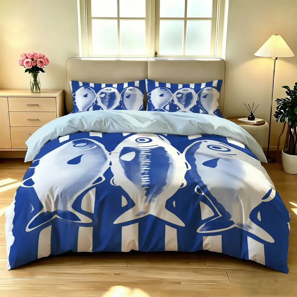 3pcs blue and white striped sardine-themed bedding set featuring a soft pillowcase bedding accessories machine-washable