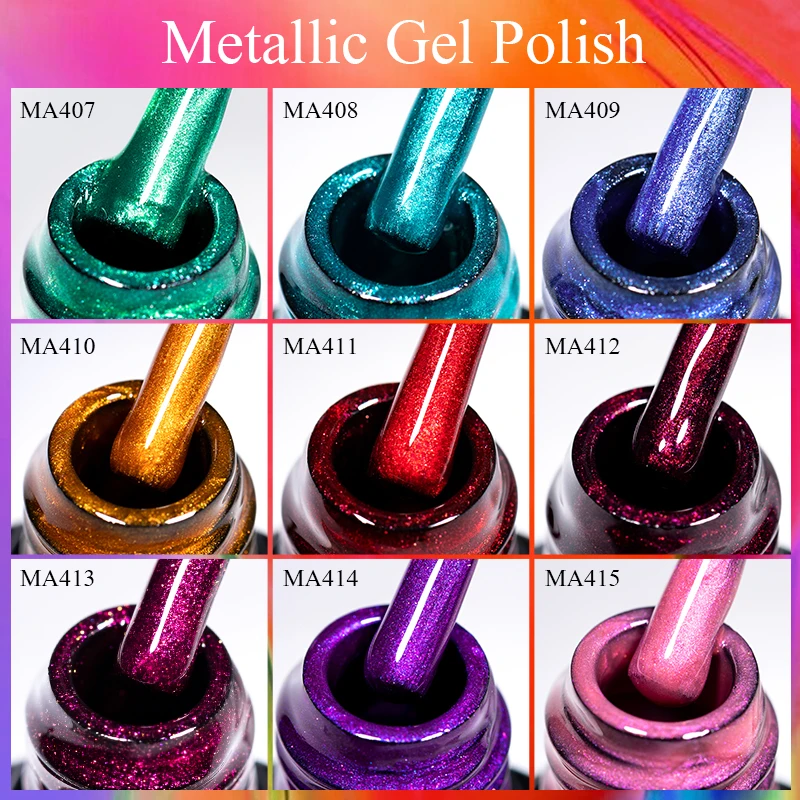 MEET ACROSS Metallic Gel Nail Polish - Semi Permanent UV LED Soak-Off Gel,7ml,Vibrant Shimmer Colors for Nail Art Design