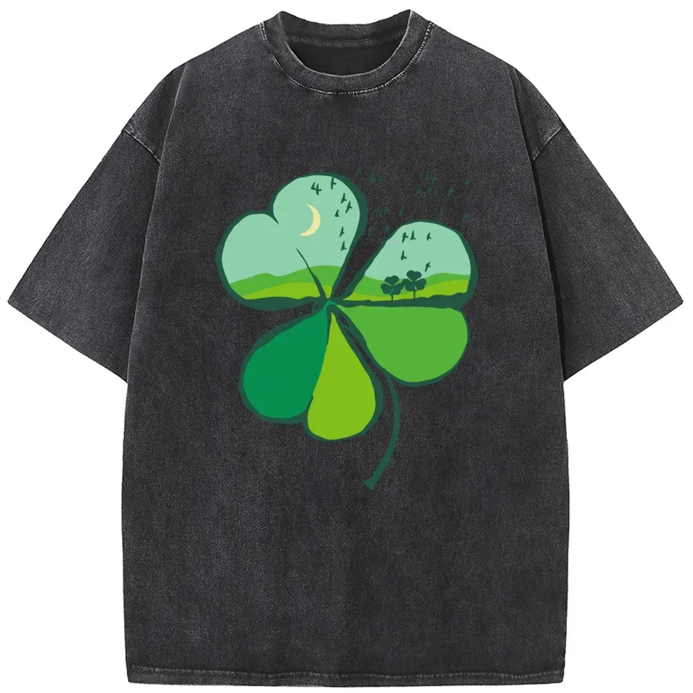 Clover Landscape St Patrick's Day Men/Women Washed T-Shirt 230g Cotton Funny Loose Bleached Tshirt Retro Hip Hop Bleach T shirt