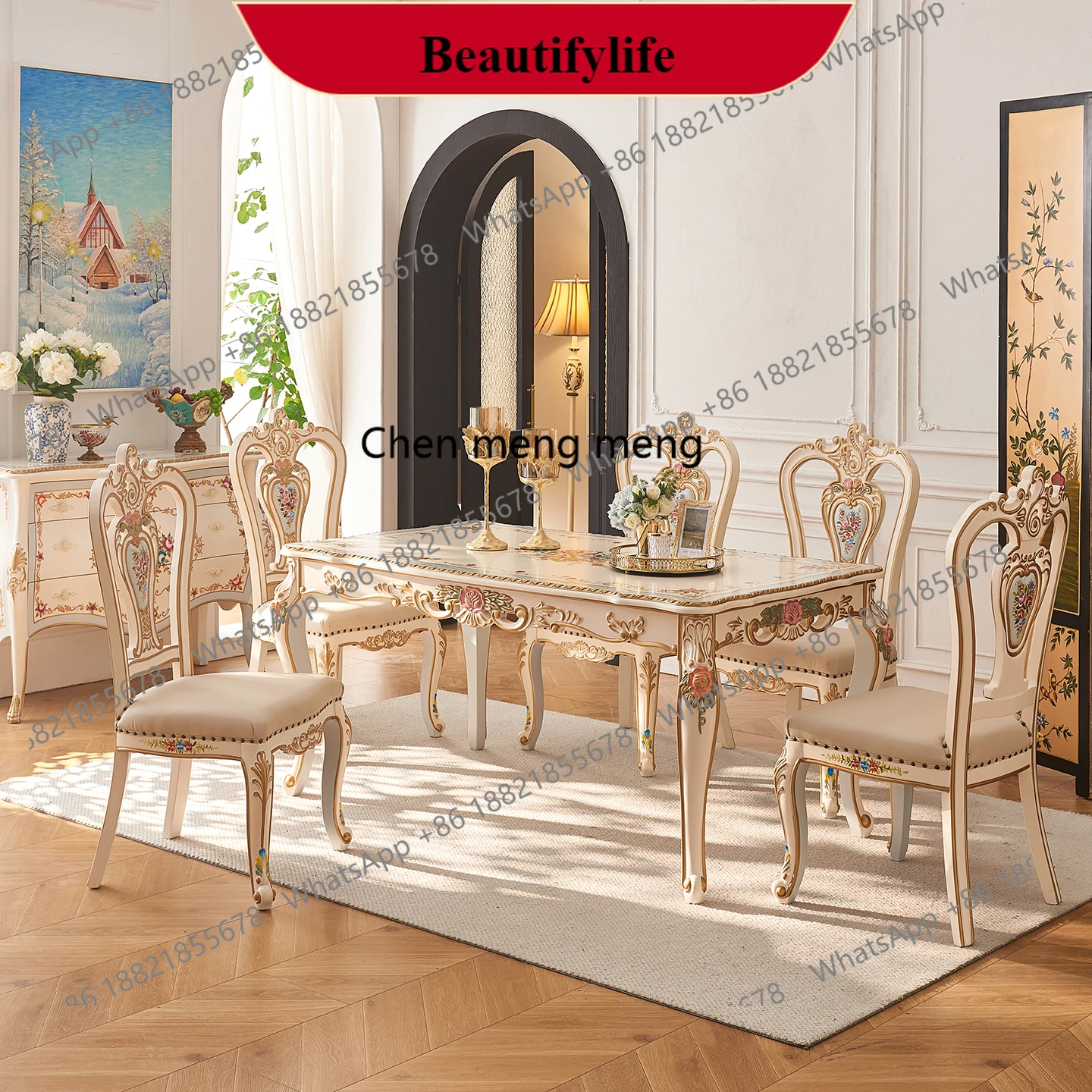 

G153 French palace restaurant all solid wood carving hand-painted flowers European-style villa dining table and chair combinatio