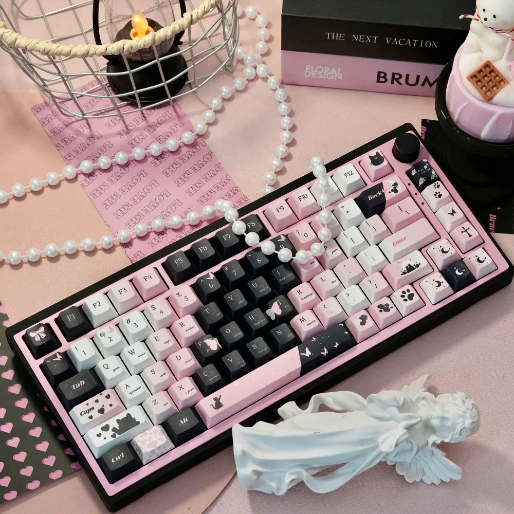 Black Cat Rose Cherry Keycaps PBT 139 Keys Personalized Mixed Color Girl for 60/64/84/98/108 Mechanical Keyboard MX Switch