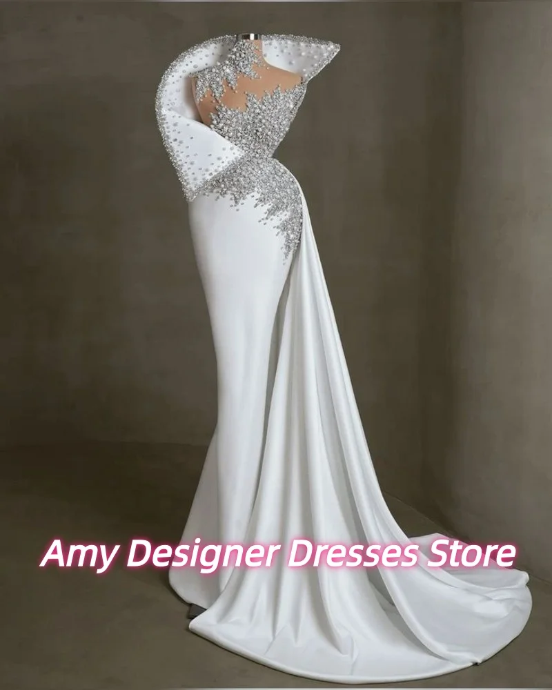 فستان سهرة أبيض أنيق برقبة عالية للنساء رائع مزين بالخرز وطيات وكشكشة للحفلات الراقصة رداء حفلات مخصص