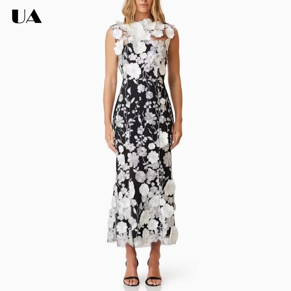 

Summer New Sleeveless 3D Flower Long Dresses for Women, Fashionable Waist-chiching Prom Dress, Trendy Solid Zipped Party Dress