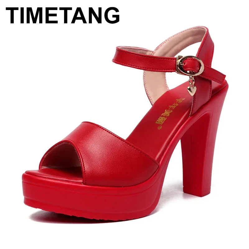 

TIMETANG New summer women red word with buckle high heel wedding shoes trend catwalk waterproof platform 10CM high heels