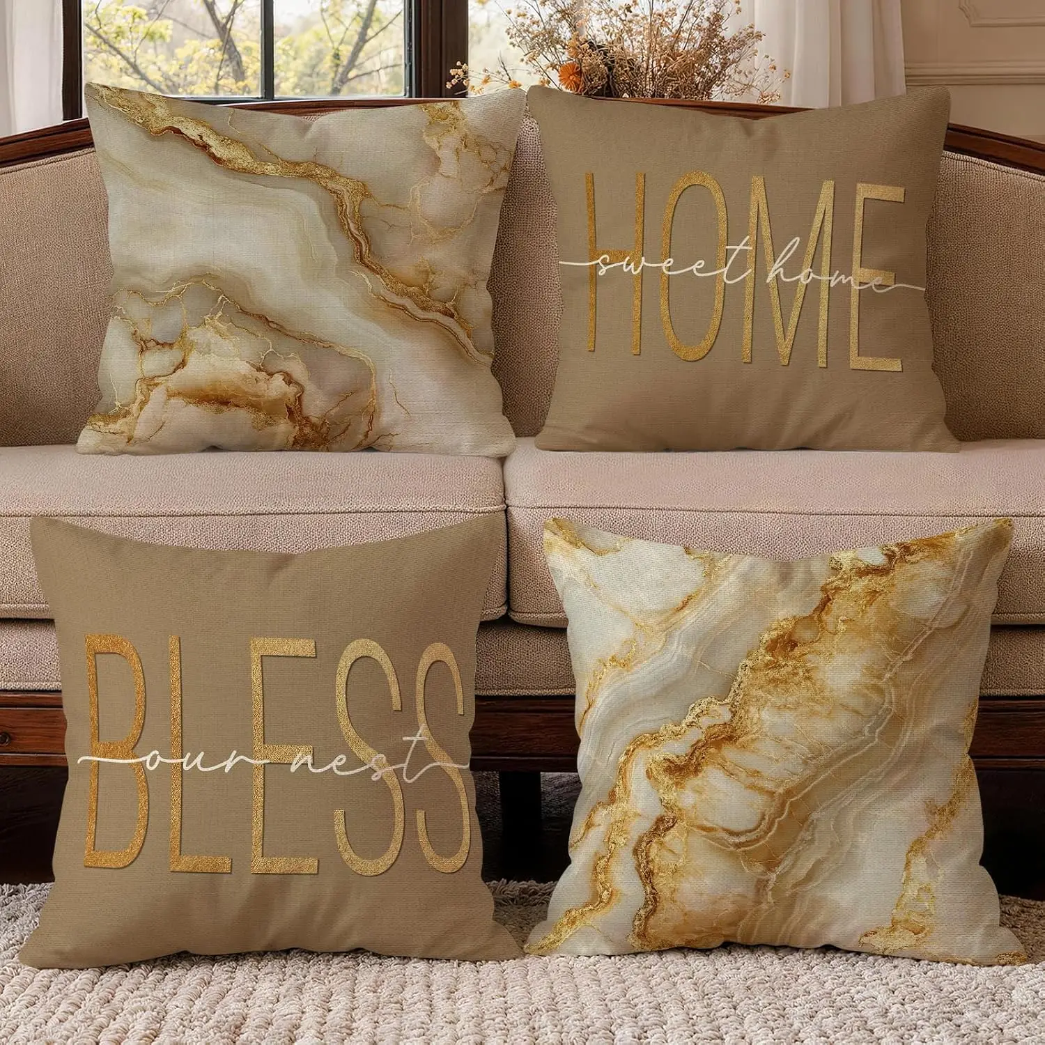 4 Piece Throw Pillow Covers Set Luxury Marble Print Cushions Gold Lettering Sofa Decor Accent Pillow for Living Room Home