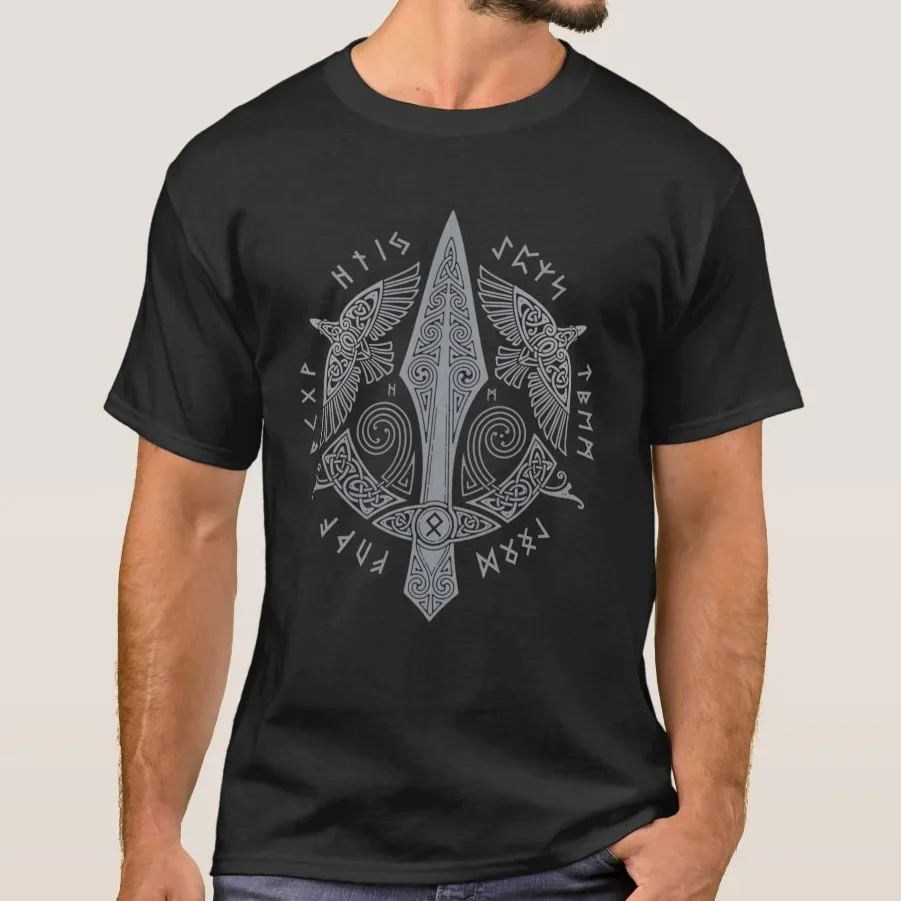 Rune Ravens and Gungnir - Spear of Odin T-Shirt 100% Cotton O-Neck Summer Short Sleeve Casual Mens T-shirt Size S-3XL